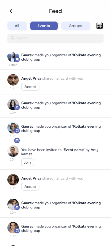 Activity feed with invites and shared cards