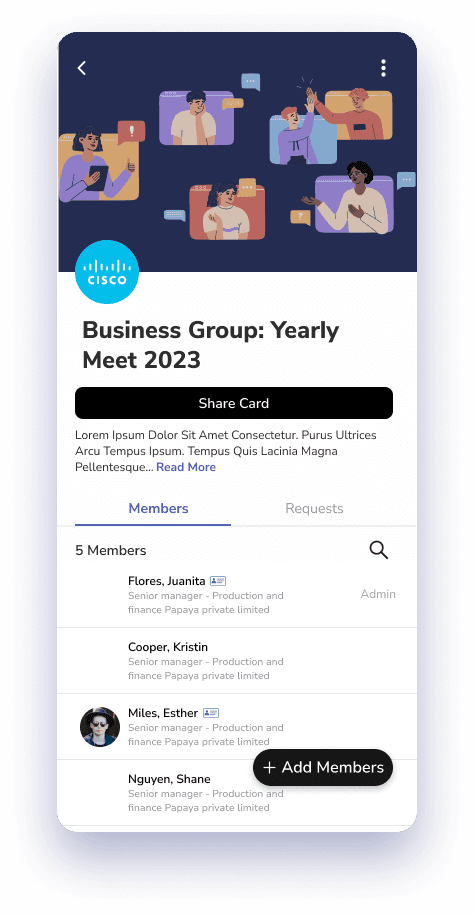 Group page with members, requests and Share Card