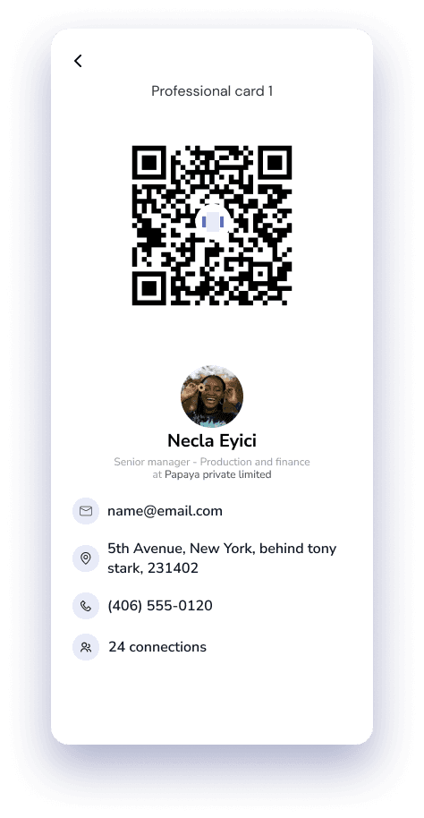 Professional card with QR code and contact details