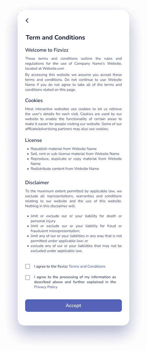 Terms and conditions with consent checkboxes