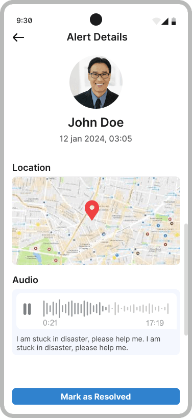 Alert Details with location map pin, an audio player and the accompanying message, and Mark as Resolved