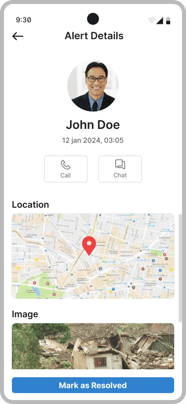 Alert Details with Call and Chat buttons, location map pin, the image sent and Mark as Resolved