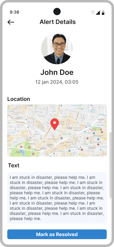 Alert Details with location map pin, a text message asking for help and Mark as Resolved