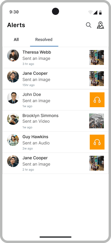 Responder Alerts list on the Resolved tab: people who sent an image, video or audio, with thumbnails and times