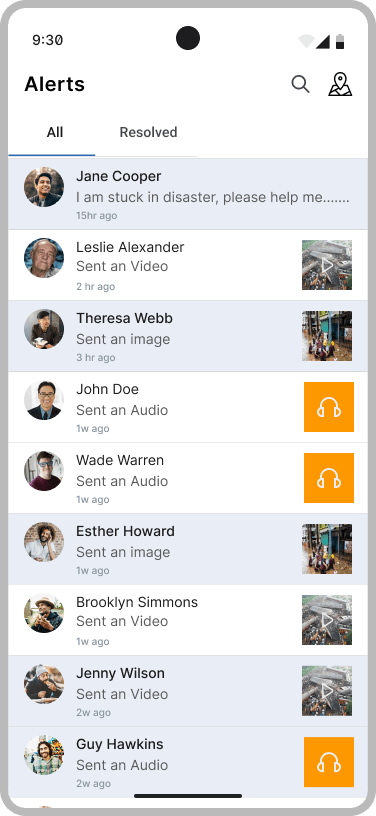 Responder Alerts list on the All tab with unread alerts highlighted in light blue