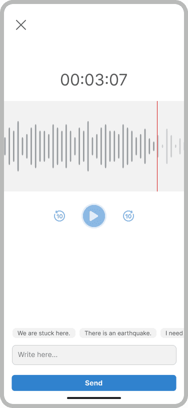 Voice note review with waveform, play and skip 10 seconds controls, quick-message chips and Send