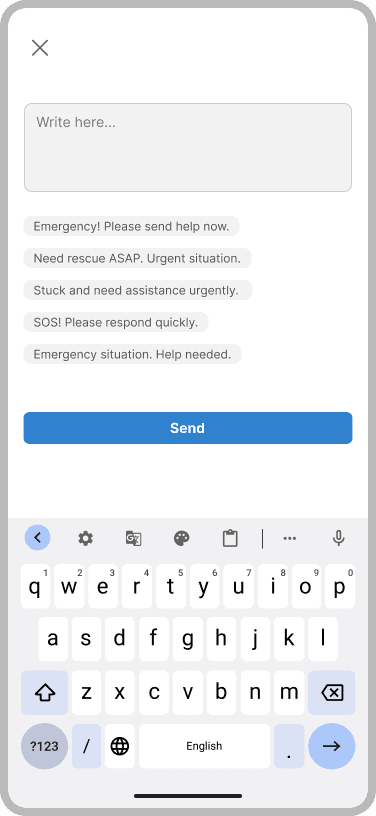 Text message composer with preset emergency phrases such as Emergency! Please send help now, a Send button and the keyboard