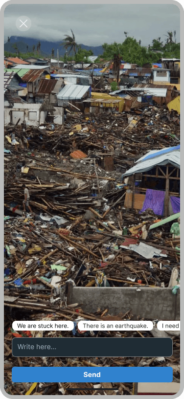 Photo review over a flood-damaged neighbourhood, with quick-message chips, a Write here field and a Send button