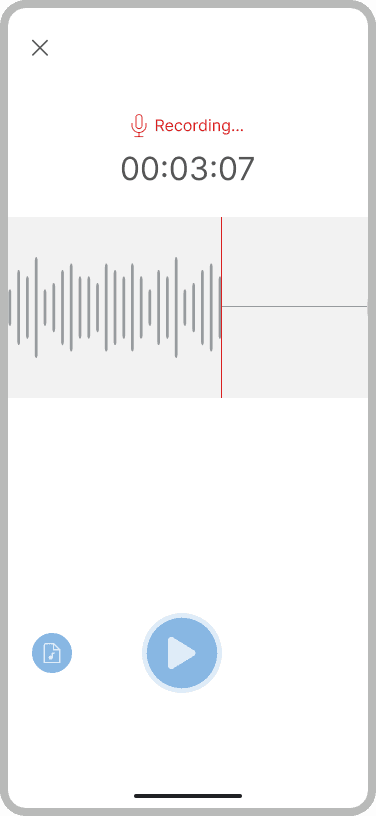 Voice recording in progress with a red Recording label, a 00:03:07 timer and a live waveform