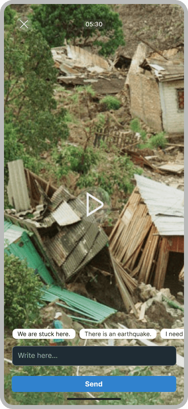 Video review of a landslide-damaged house, with a play button, 05:30 duration, quick-message chips and Send