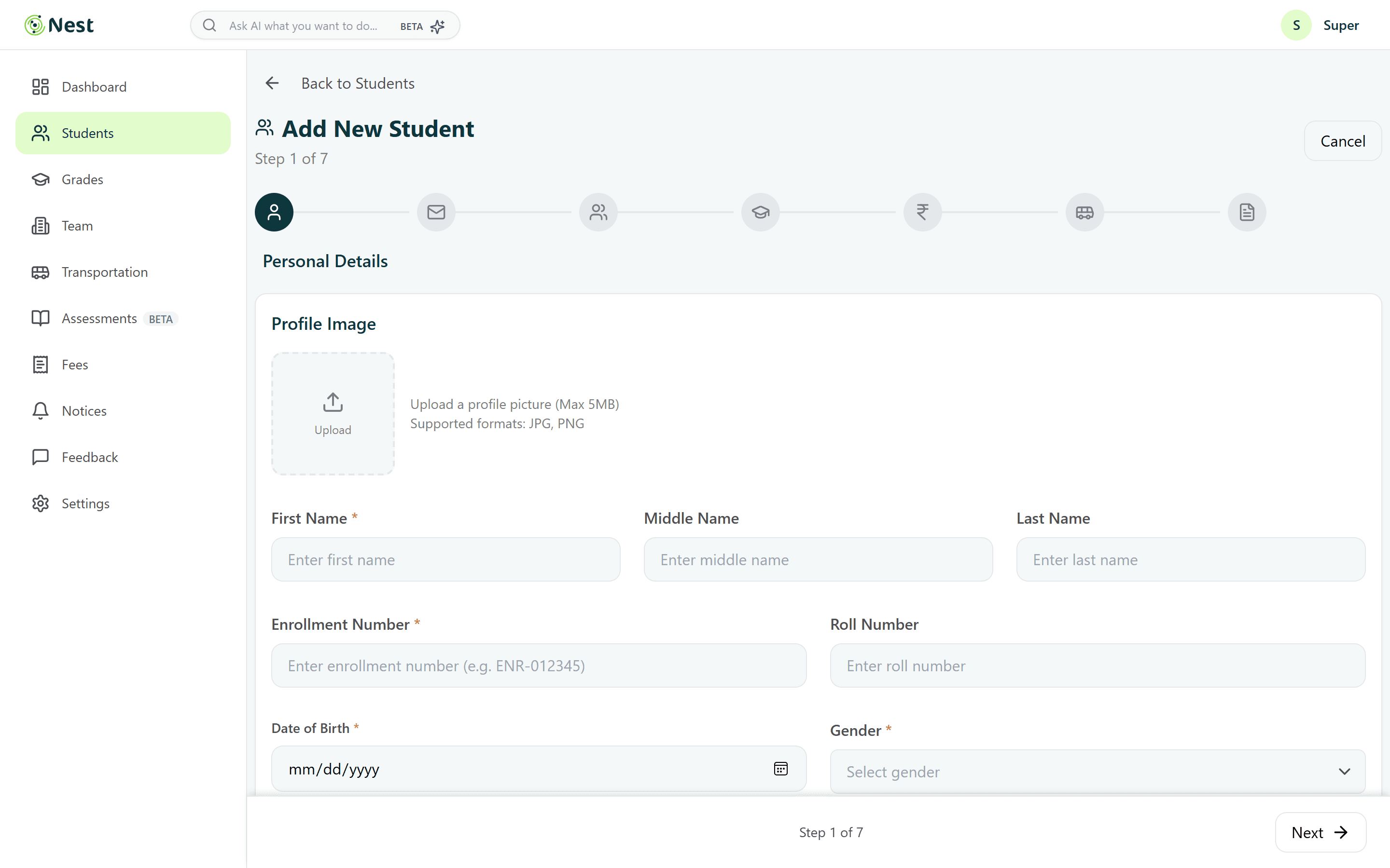 Add New Student, step 1 of 7: personal details