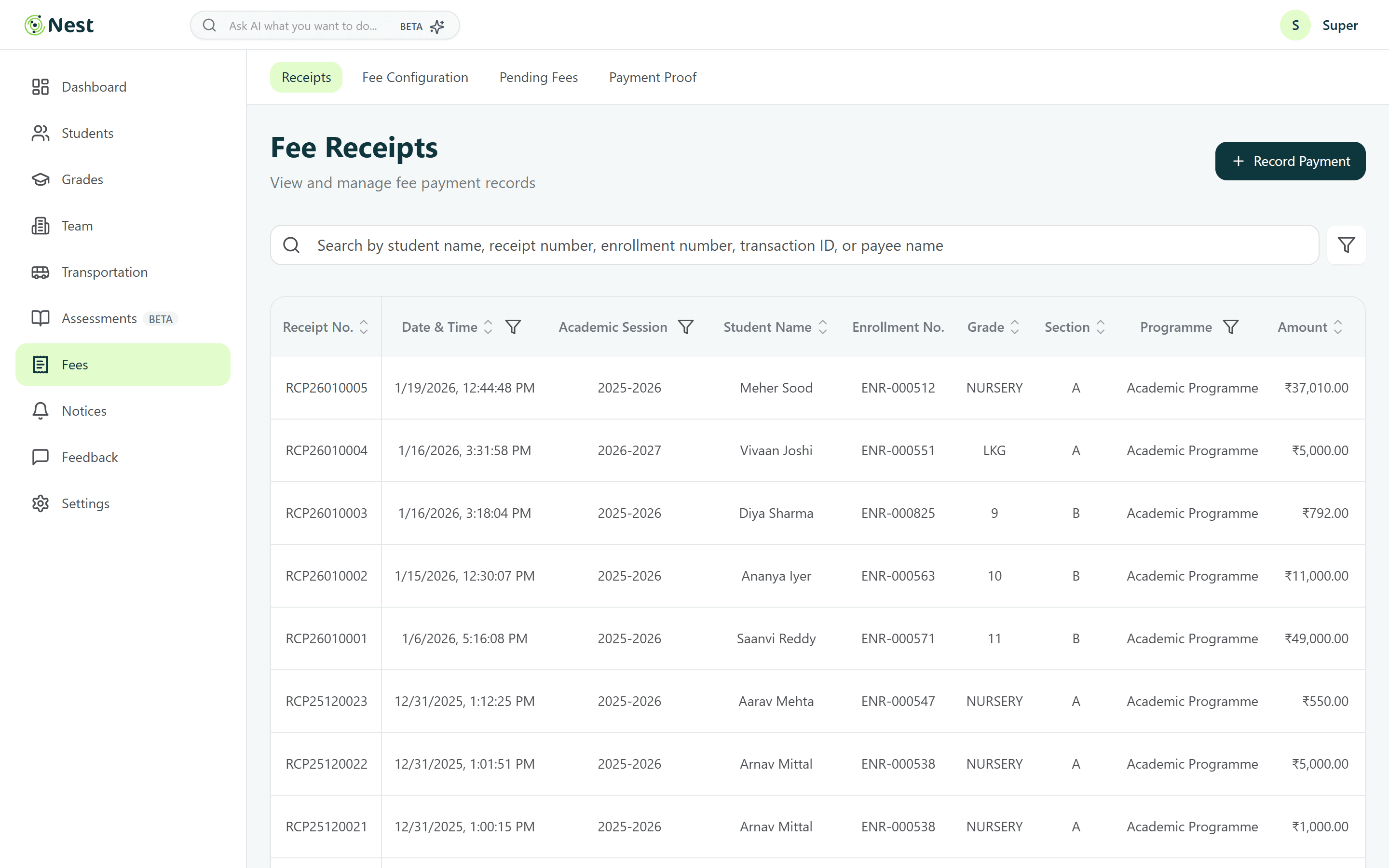 Fee receipts table with search and filters