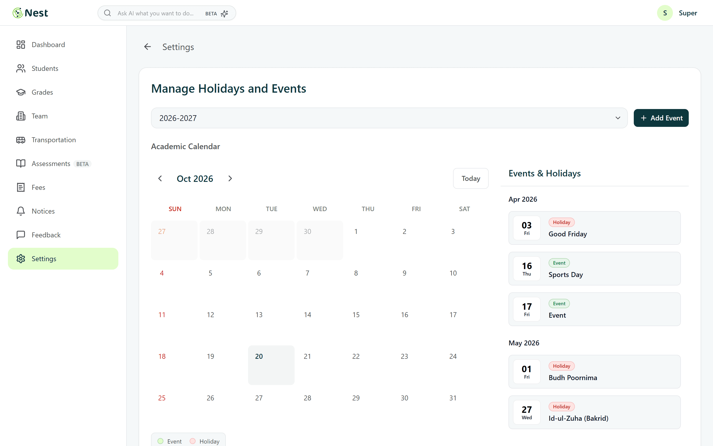 Holidays and events calendar