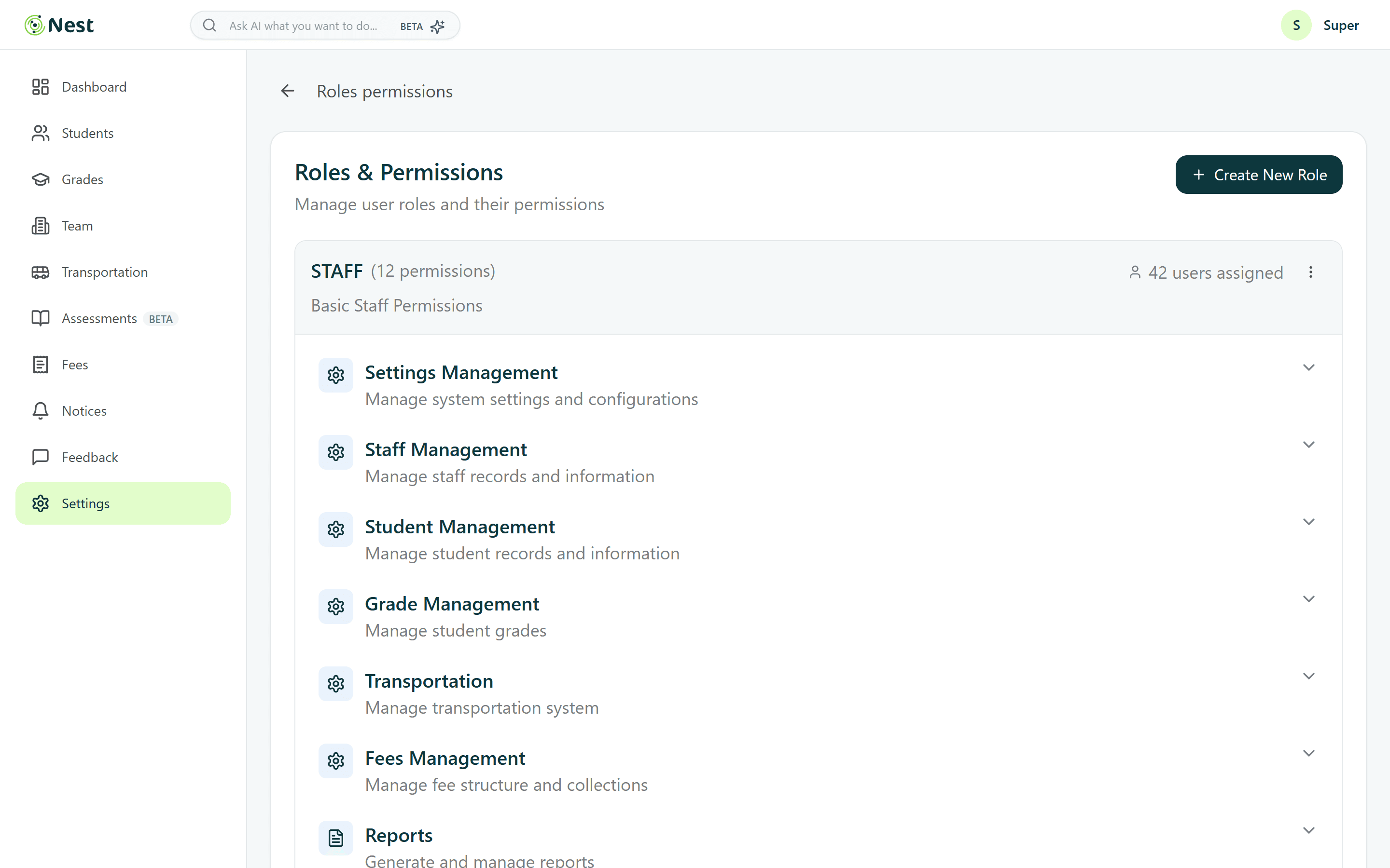 Roles and permissions by module
