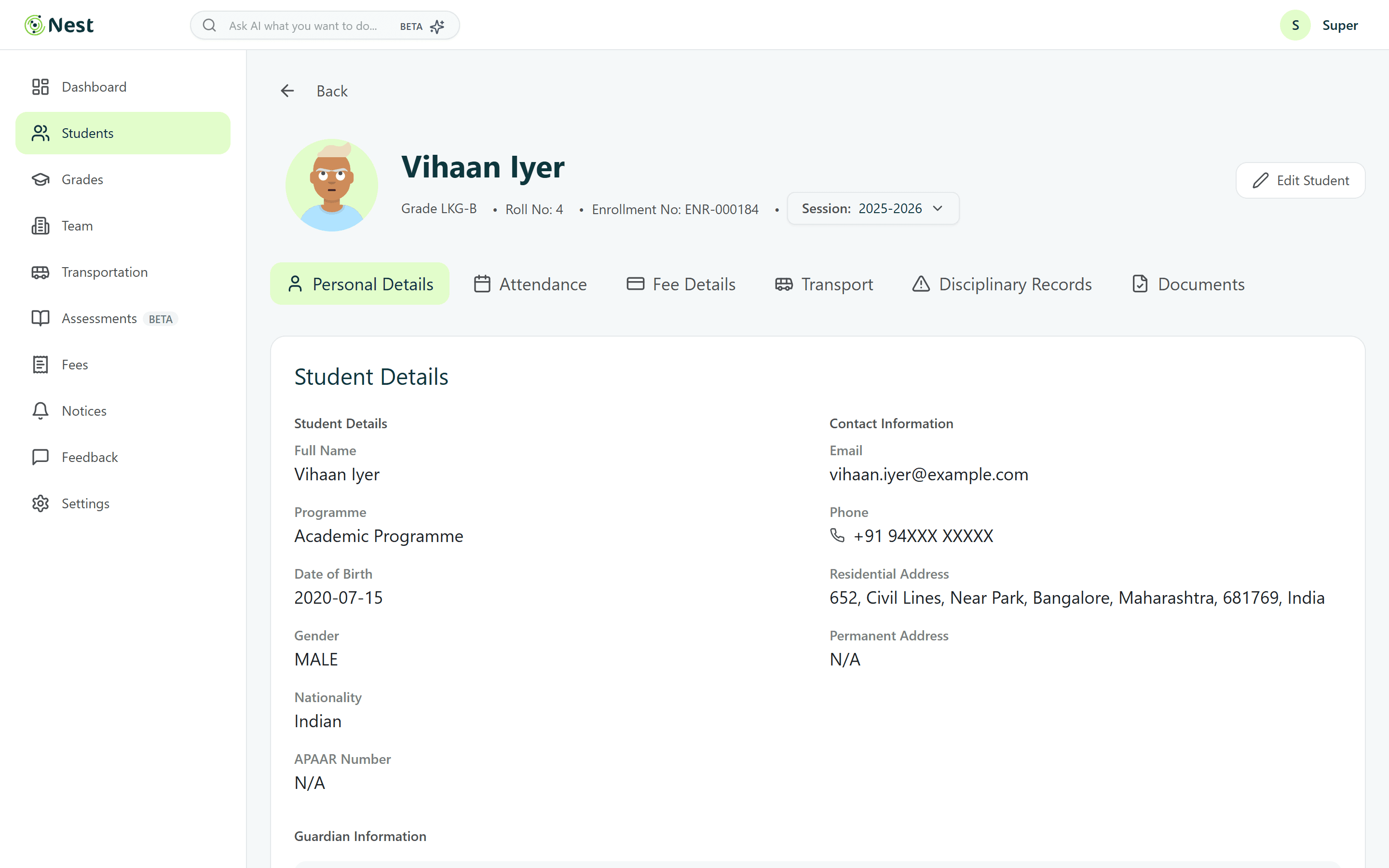 Student profile with tabs for personal details, attendance, fees, transport and documents