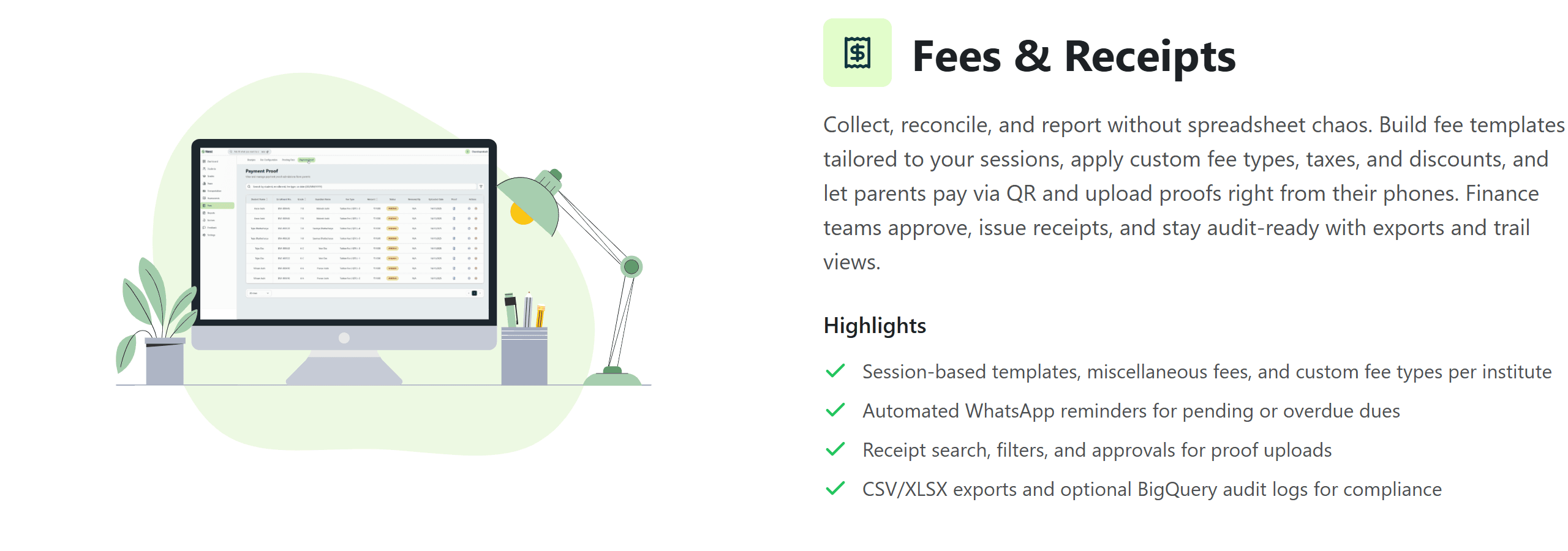 Features page: fees and receipts