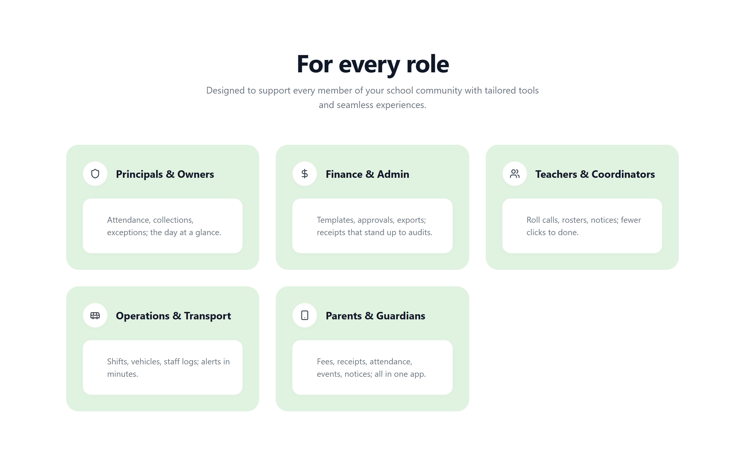 Landing section: tailored tools for every role