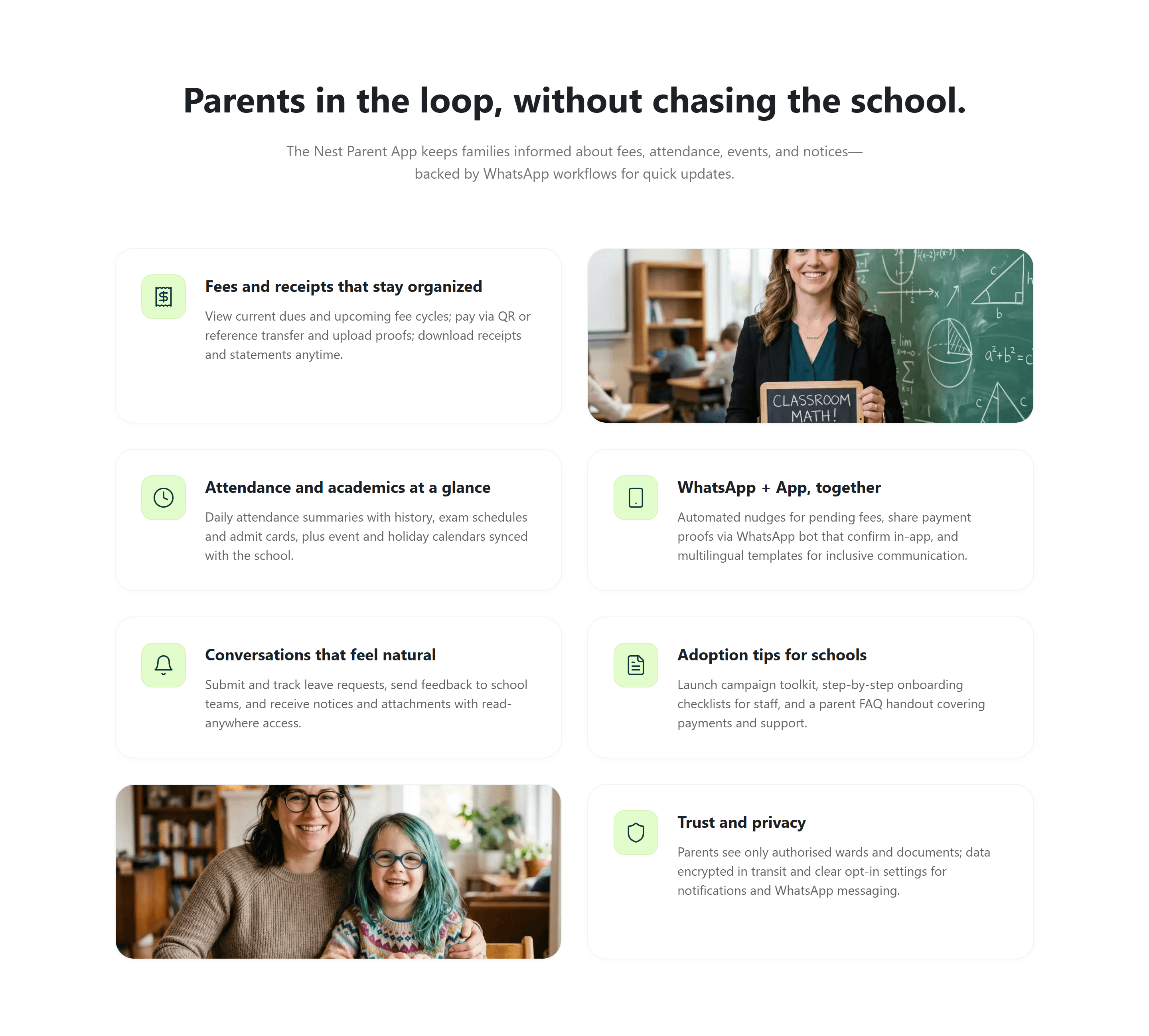 Landing section: the Nest parent app