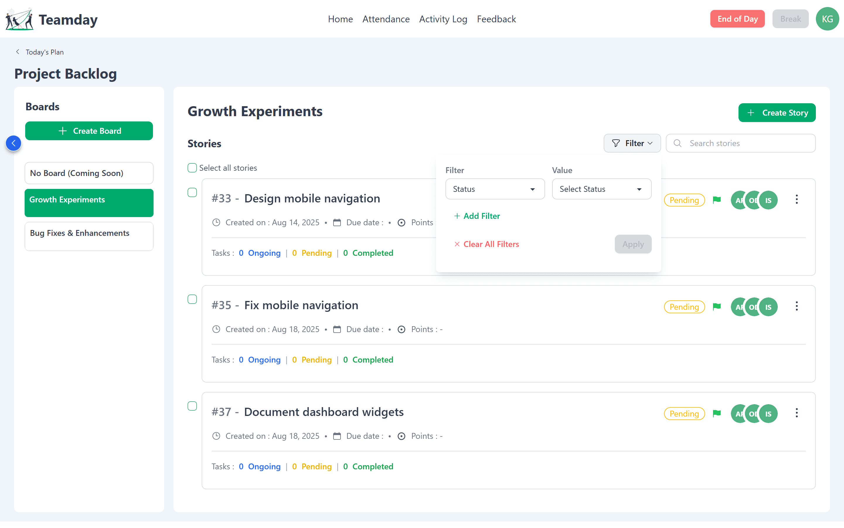 Backlog filter by status and value