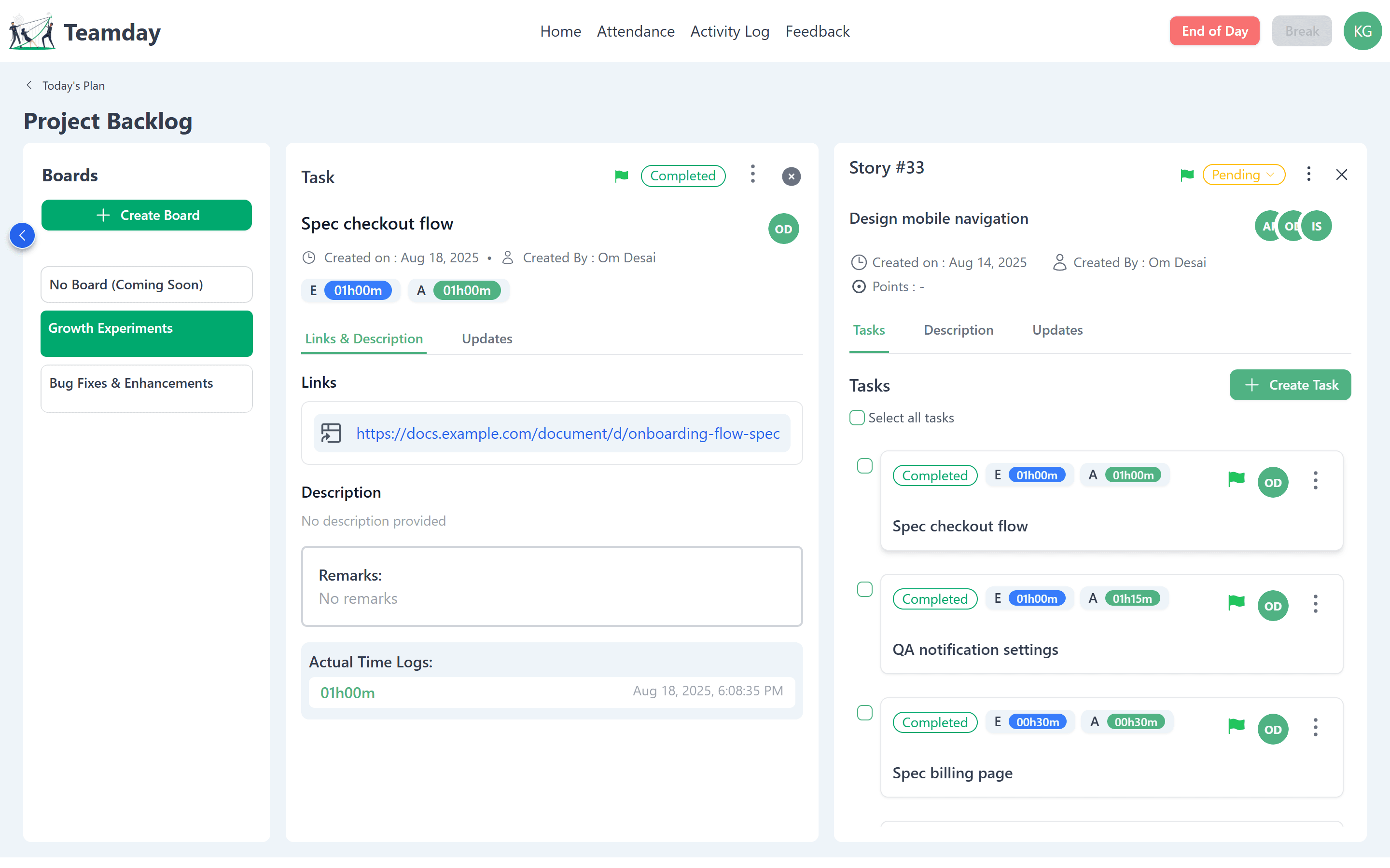 Task panel with links, remarks and actual time logs next to its story
