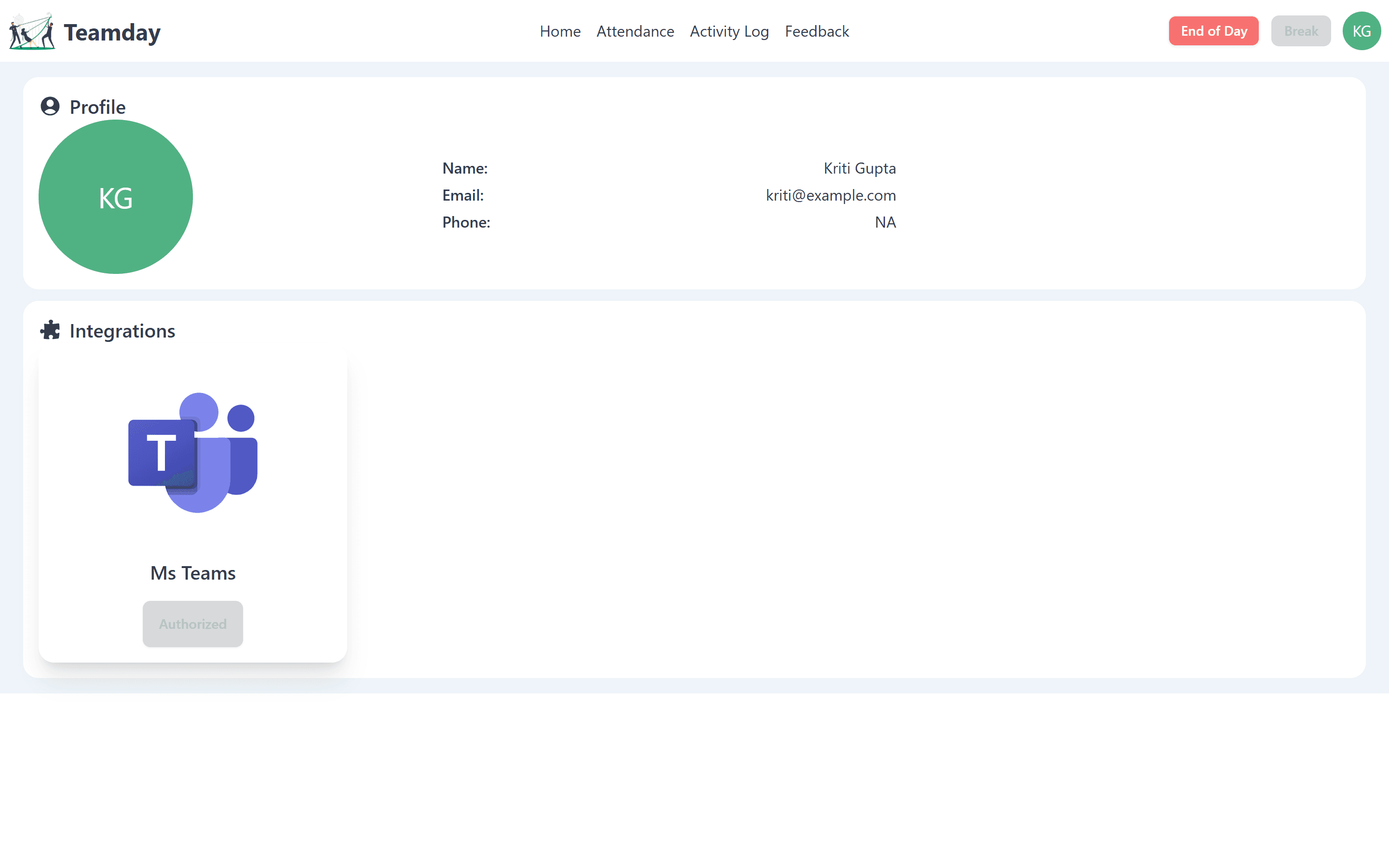 Profile with Microsoft Teams integration authorised