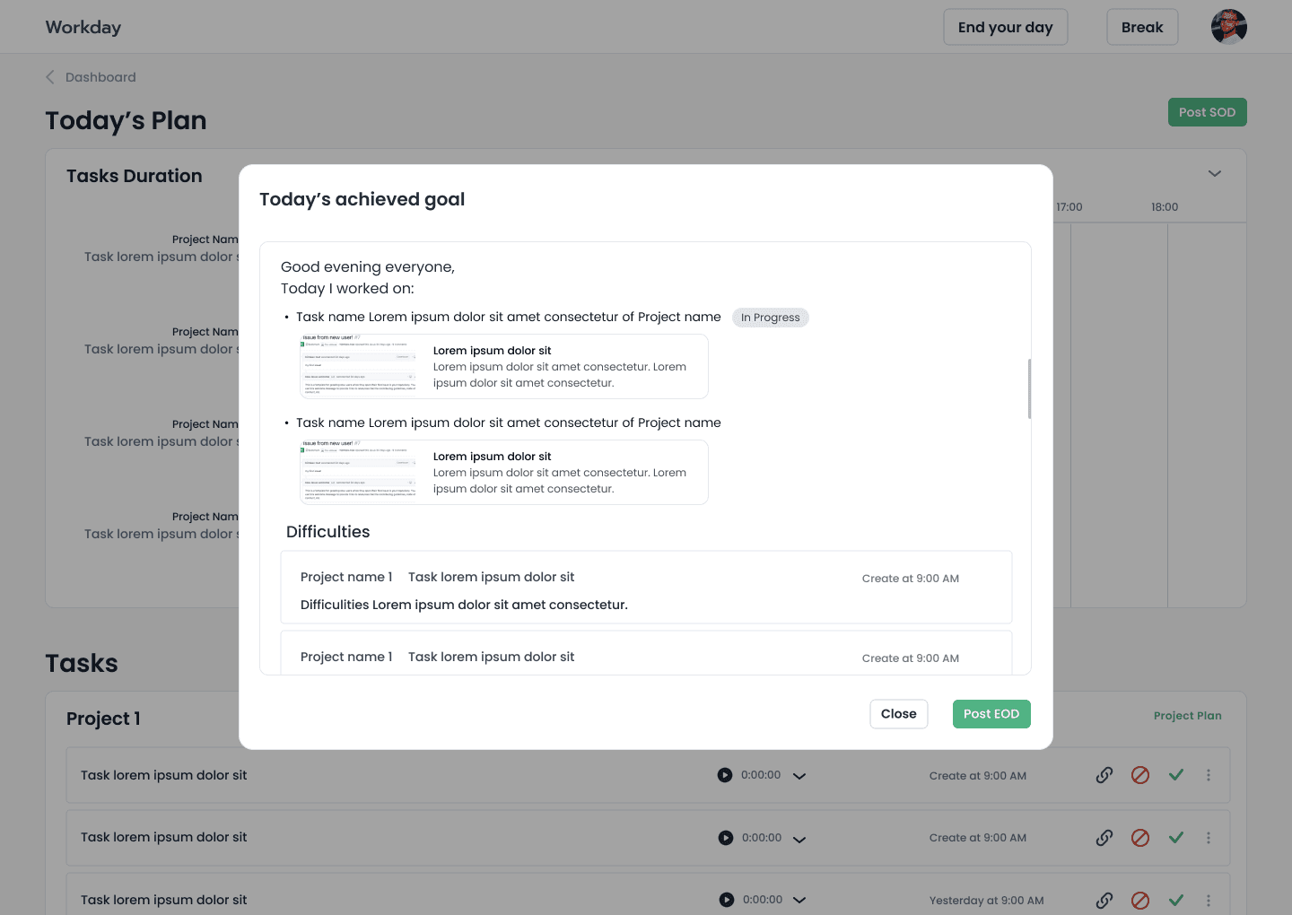 Early concept: end-of-day report with achieved goals and difficulties