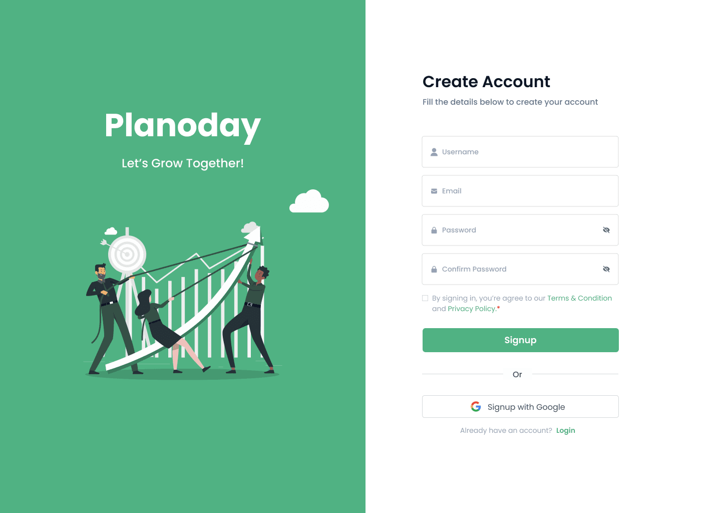 Early concept: sign-up screen under the working name Planoday